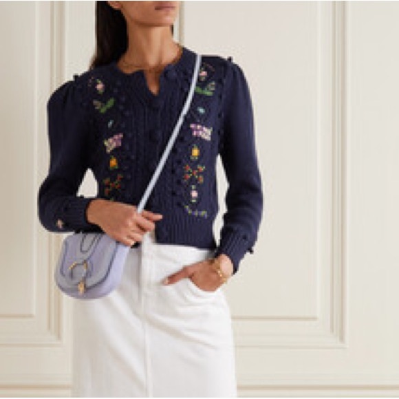 💋SOLD💋✨💙DÔEN ‘Forget Me Not’ Embroidered Cable Knit Cardigan Sweater Navy XS - Picture 13 of 14
